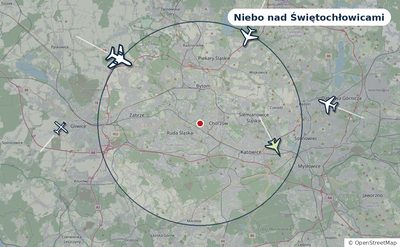 Mapa okolic miasta z sylwetkami samolotów — Niebo nad Świętochłowicami na żywo