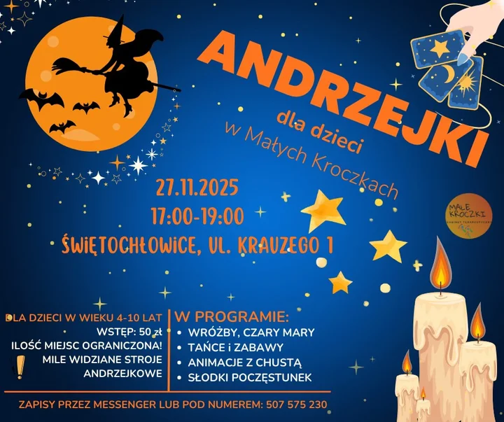 Grafika promocyjna wydarzenia Andrzejki dla dzieci w Gabinecie Małe Kroczki — 27 listopada 2025