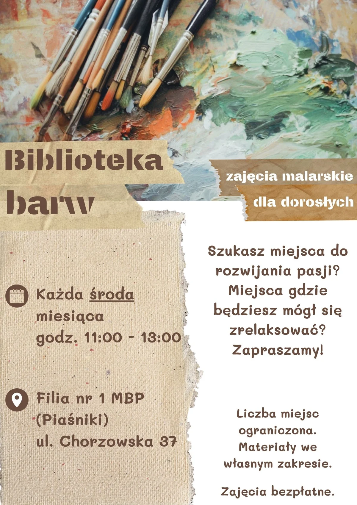 Grafika promocyjna wydarzenia „Biblioteka Barw” – zajęcia malarskie dla dorosłych