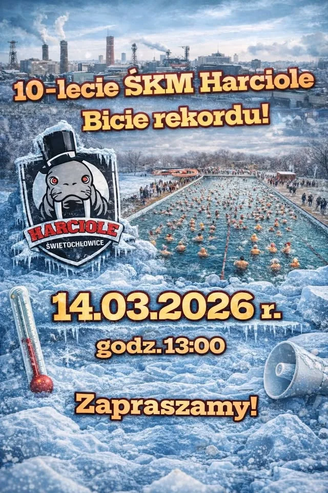 Grafika promocyjna wydarzenia Bicie Rekordu i 10-lecie ŚKM Harciole – morsowanie na OSiR Skałka, 14 marca 2026