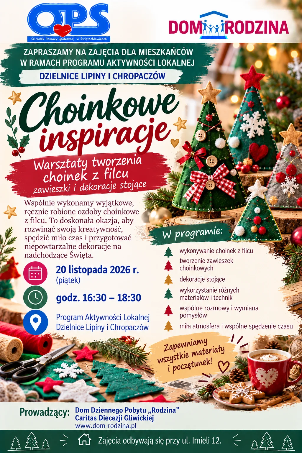 Grafika promocyjna wydarzenia Choinkowe inspiracje – warsztaty tworzenia choinek z filcu