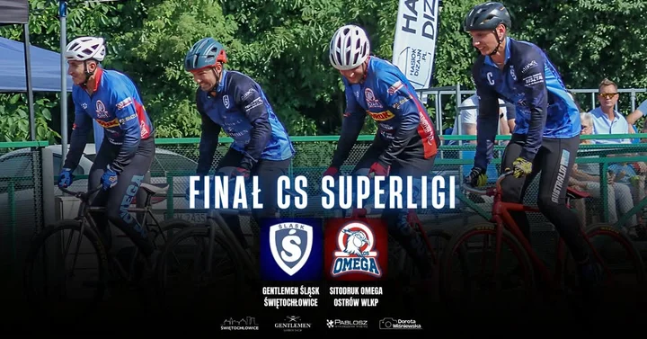 Obrazek przedstawia grafikę promocyjną wydarzenia Finał Drużynowych Mistrzostw Polski w speedrowerze: Śląsk Świętochłowice vs. Sitodruk Omega Ostrów