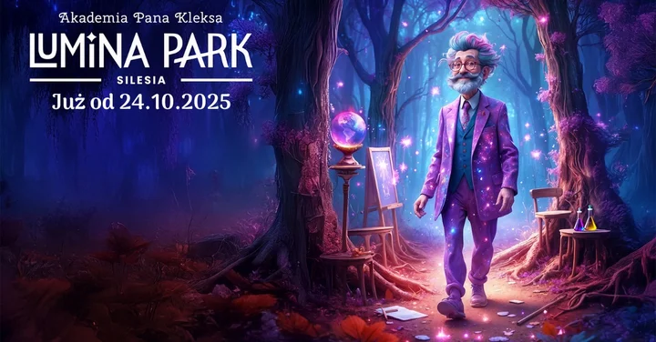 Obrazek przedstawia grafikę promocyjną wydarzenia Świetlna trasa „Akademia Pana Kleksa” w Lumina Park Silesia