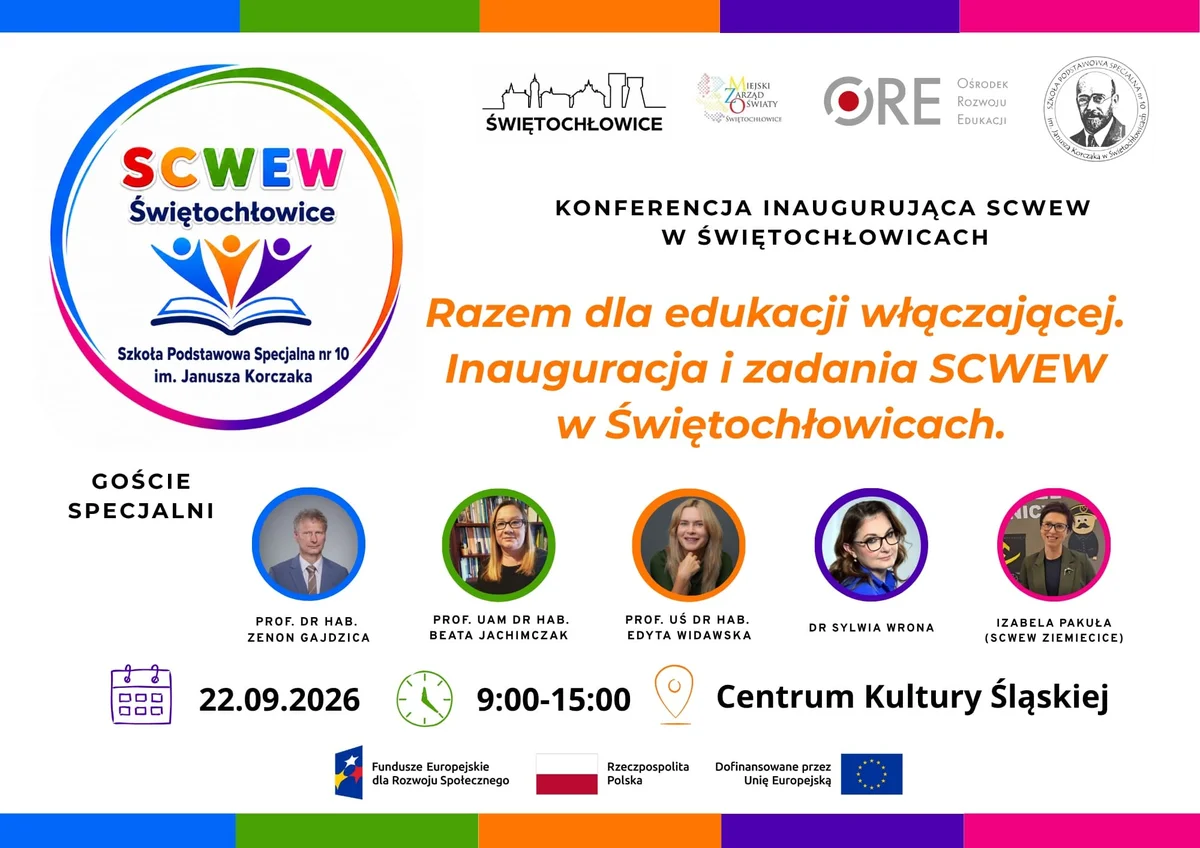 Grafika promocyjna wydarzenia Razem dla edukacji włączającej. Inauguracja i zadania SCWEW w Świętochłowicach