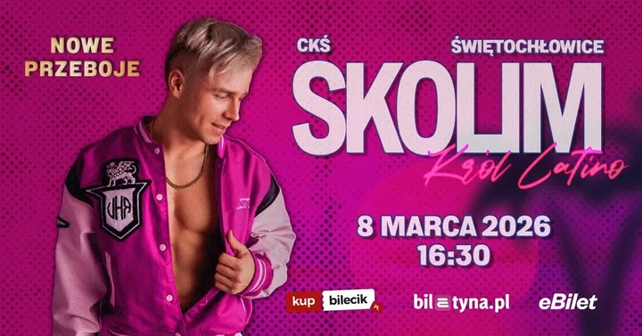 Grafika promocyjna wydarzenia SKOLIM w Świętochłowicach — koncert 8 marca 2026