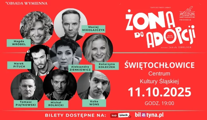 Obrazek przedstawia grafikę promocyjną wydarzenia Komediowy spektakl Żona do adopcji w Centrum Kultury Śląskiej
