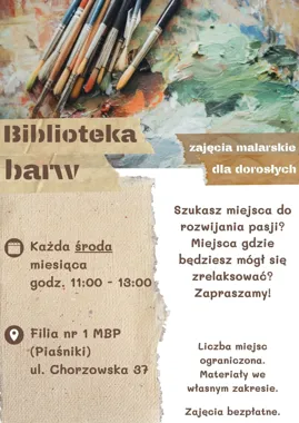 Grafika promocyjna wydarzenia „Biblioteka Barw” – zajęcia malarskie dla dorosłych