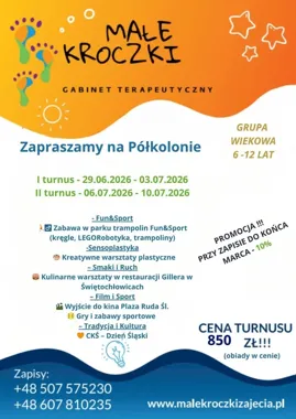 Grafika promocyjna wydarzenia Letnie Półkolonie w Małych Kroczkach Świętochłowice – II turnus pełen atrakcji