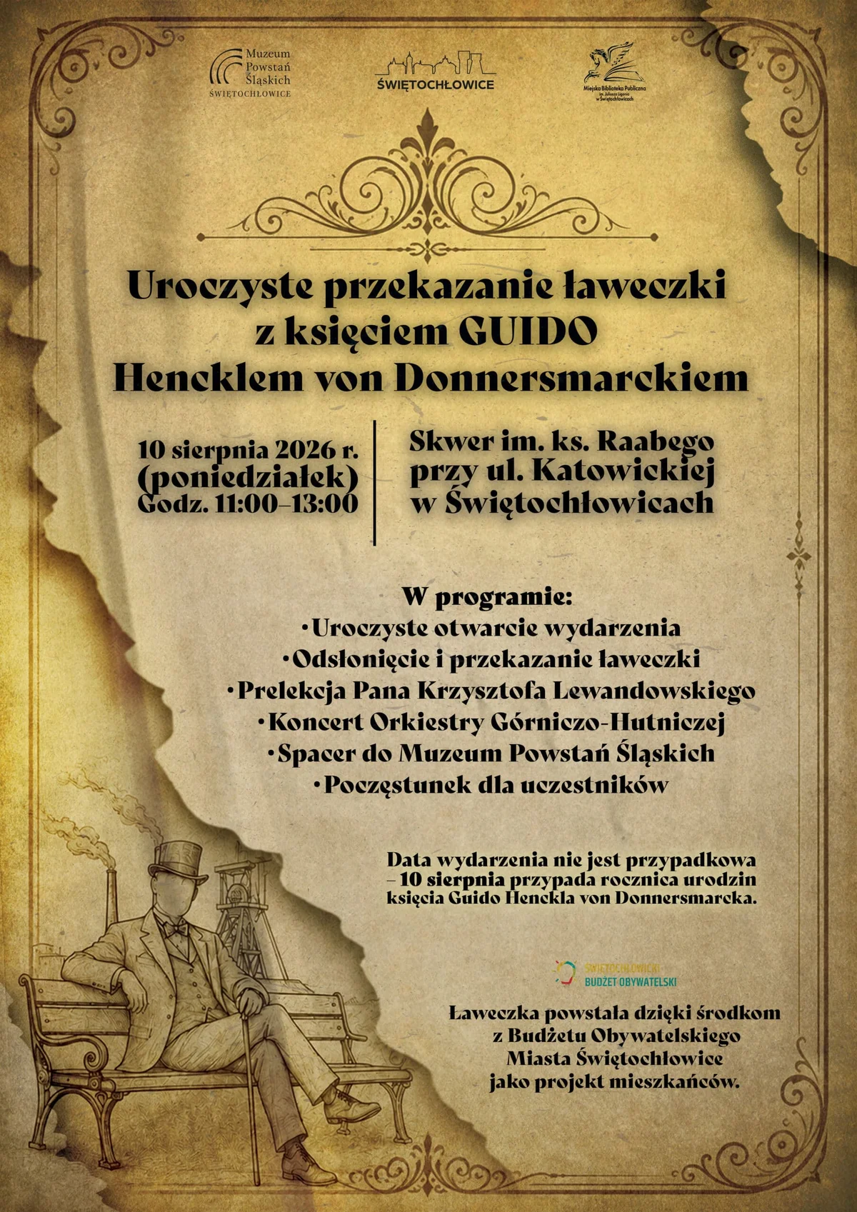 Grafika promocyjna wydarzenia Uroczyste przekazanie ławeczki z księciem Guido Hencklem von Donnersmarckiem