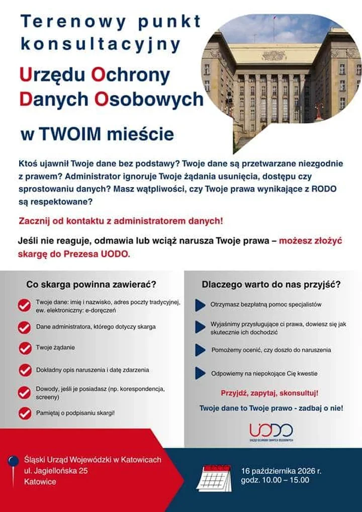 Bez opłat i bez zapisów. W Katowicach eksperci UODO pomogą w sprawach RODO