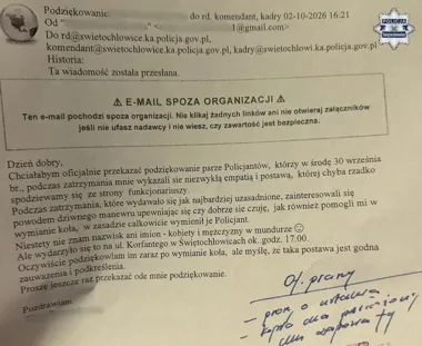 Policjanci ze Świętochłowic pomogli przy wymianie koła. Są podziękowania
